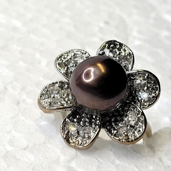 Genuine Brown Pearl and Swaroski Flower Ring Size 6 - Picture 3 of 12